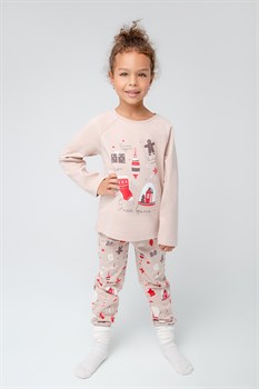 К 1582/бежевый,новый год пижама детская (фуфайка дл.рукав+брюки) - фото 27785