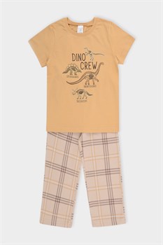 К 1599/темно-бежевый,текстильная клетка пижама детская (фуфайка, брюки)   - фото 55137