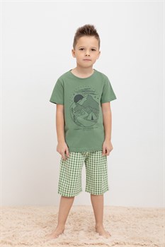 К 1634/зеленый камень,маленькая клетка пижама детская (фуфайка, шорты)  - фото 59009
