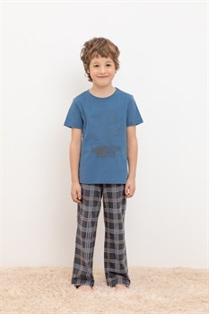 К 1599/синяя волна,текстильная клетка пижама детская (фуфайка, брюки)   - фото 59074