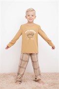 К 1600/темно-бежевый,текстильная клетка пижама детская (фуфайка дл.рукав, брюки) 